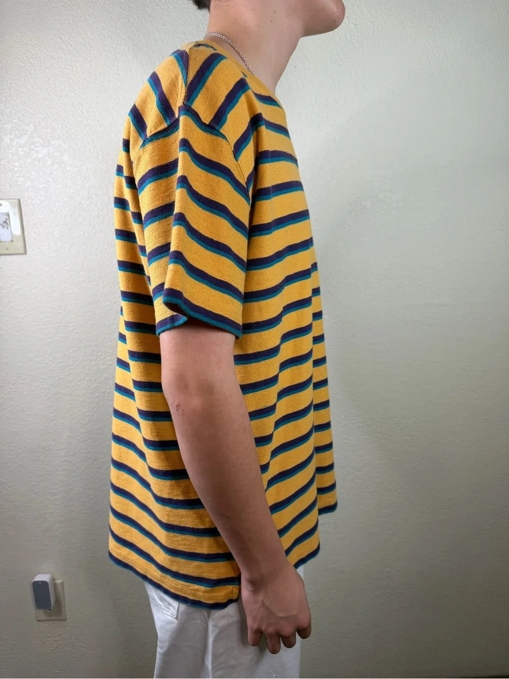 Urban Outfitters Mens Striped Pocket T-Shirt Size M Yellow Blue Retro Y2K Skate